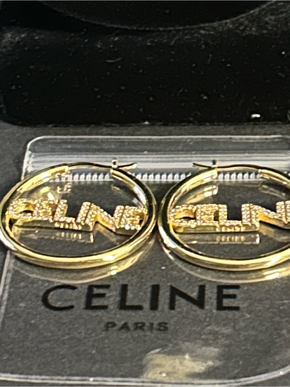 Celine Gold Hoop Earrings with Crystal-Embellished Logo- fashion jewelry